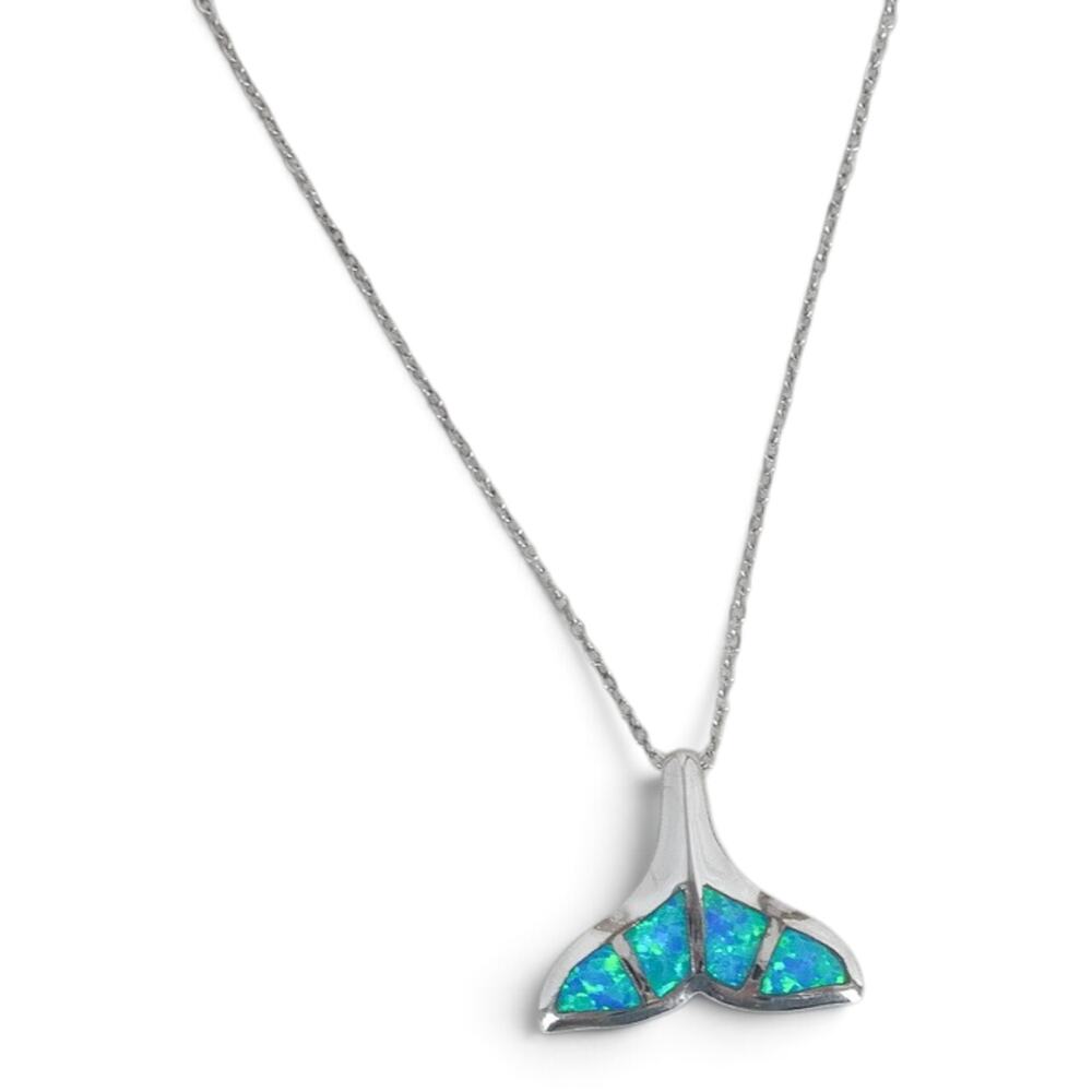 Sterling Silver Blue Opal Whale Tail Pendant Necklace Ocean Nautical 18"